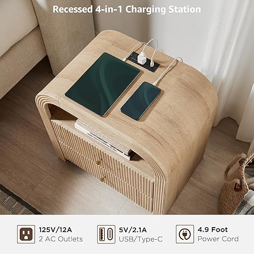 Miniatura 3 de T4TREAM Fluted Nightstand with Charging Station, 24" Large 2 Drawers Bedside Table, Modern End Table with Storage Night Stand for Bedroom, Living