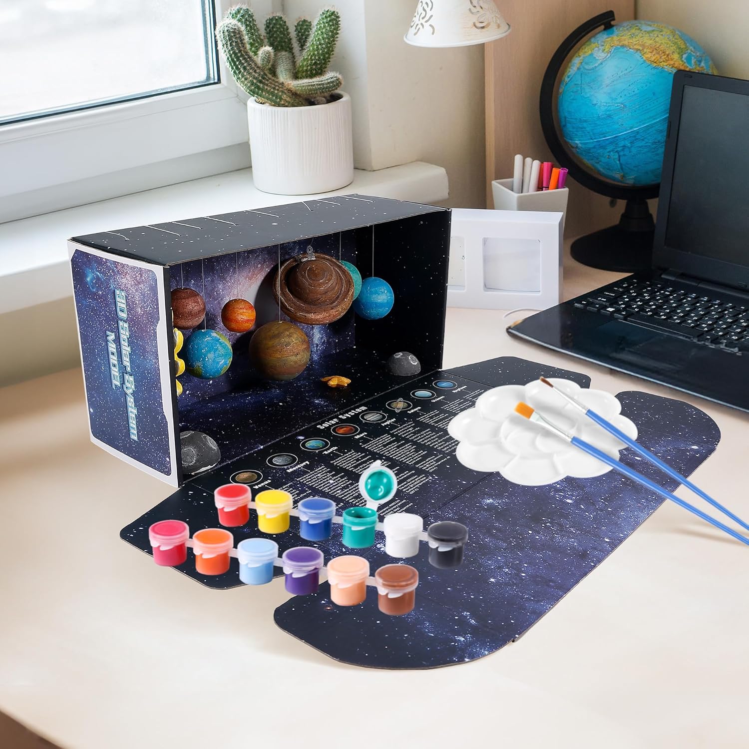 Pllieay 3D Solar System Model, Solar System Project Kit Includes Display Box, Mixed Sized Foam Balls, Color Pigments, Palette, Painting Brushes, Bamboo Sticks for Kids School Science Projects - Image 5