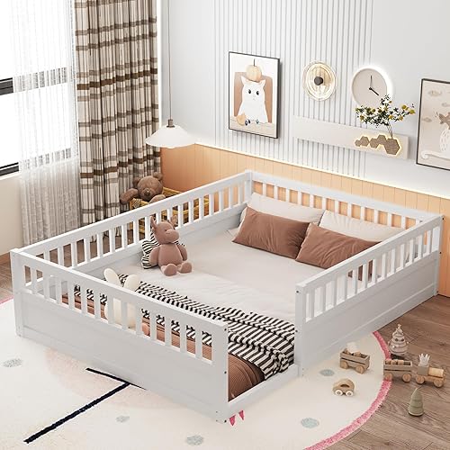DNYN Full Size Montessori Floor Bed for Kids Bedroom,Wooden Bedframe w/Fence & Easy Assemble & Space Saving Design & No Box Spring Needed, White