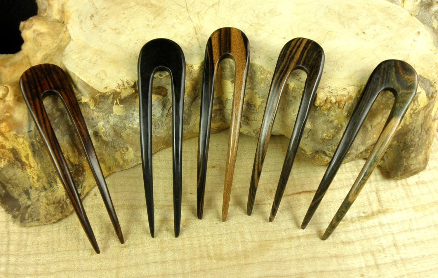 JWL (2) S.E. Asian Ebony Two Prong Curved 4.5 Inch Hair Forks Stick Pick Pic Pin Fork - Hawaiian Style