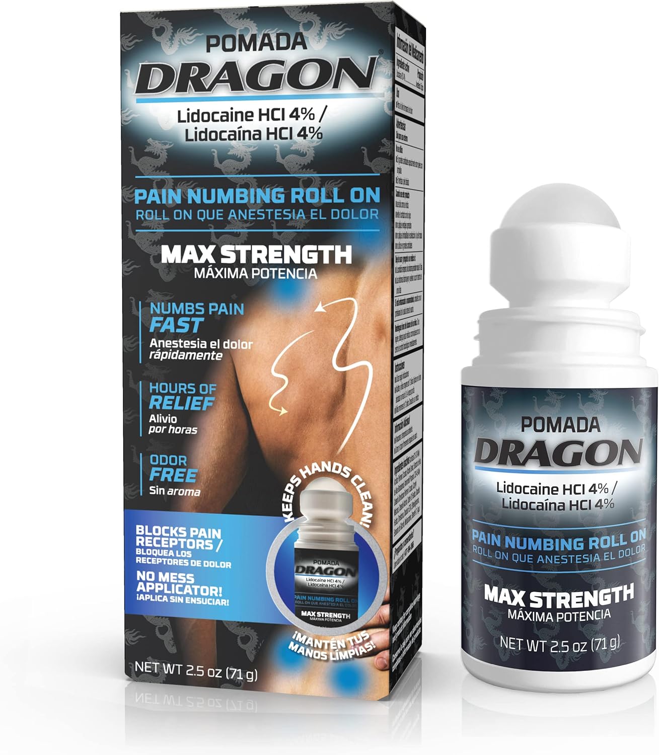 Dragon - POMADA, Maximum Strength- Pain Numbing & Long Lasting Pain Relief No Mess Applicator with Lidocaine Roll On, 2.5 oz, Pack of 3