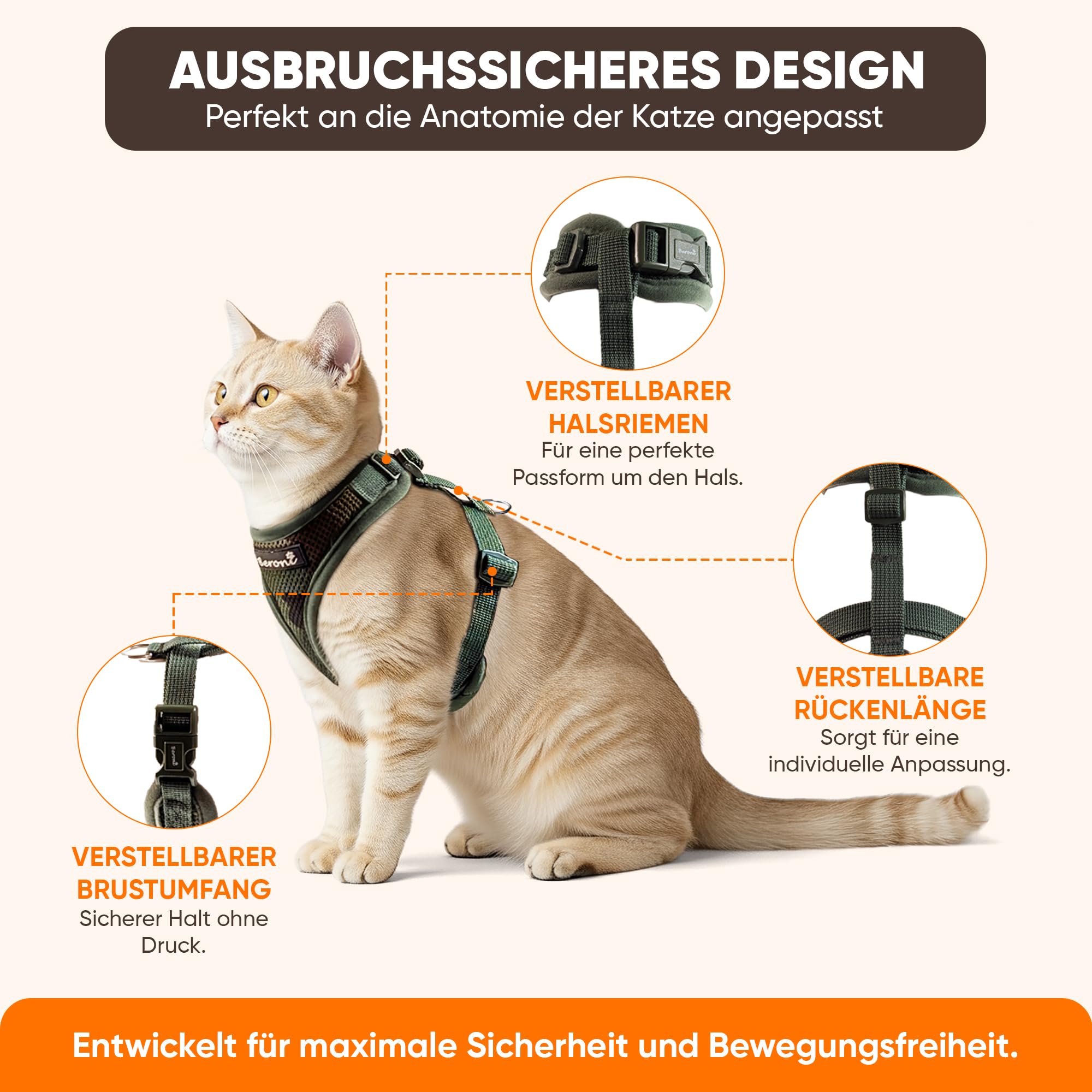 Katzengeschirr Easy Walking Katzengeschirr 2.0 ausbruchsicher, verstellbar, für Katzenleine draußen, Balkon, Garten Bengal, BKH kleine und große Katzen (Grün-Camouflage, S)
