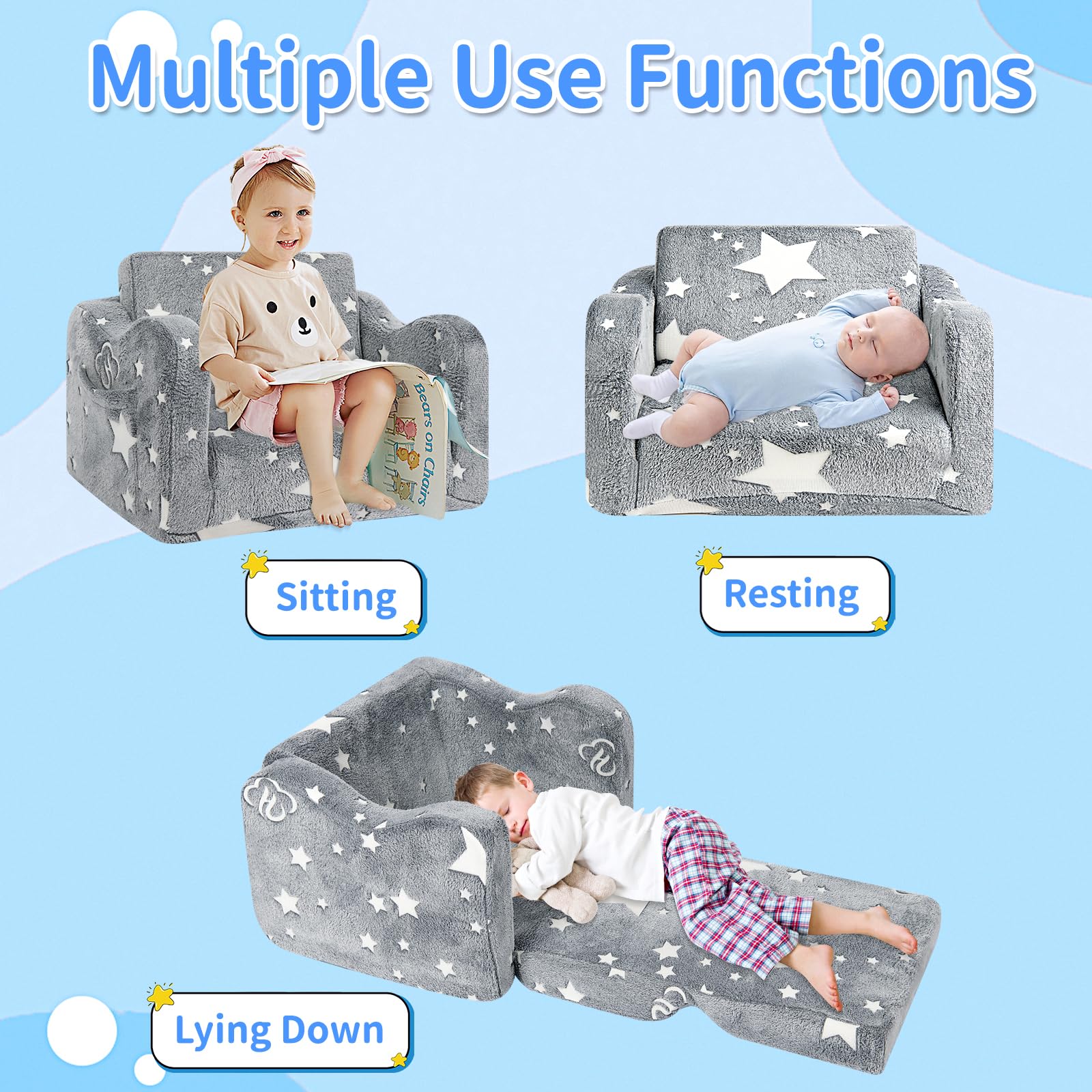 Sofá infantil 2 en 1 que brilla en la oscuridad, cómodo y suave y plegable para niñas y niños 6