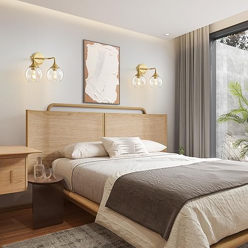 Miniatura 6 de Lámpara de tocador de baño dorada con pantalla de vidrio transparente, base E26, 2 lámparas de baño sobre espejo, luces de tocador de 14 pulgadas