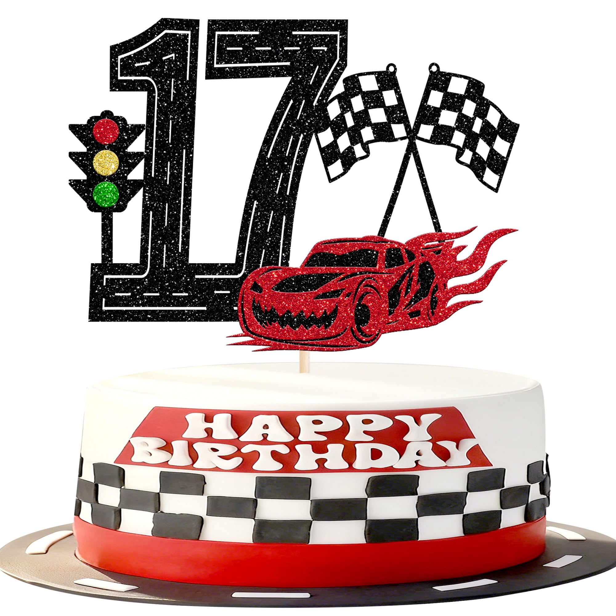 1 Stück Renn Auto 17th Geburtstag Tortendeko Glitzer Happy Birthday Cake Topper Ampel Karierte Flagge Kuchen Deko für Rennen Thema Jungen Mädchen Geburtstag Party Kuchen Dekorationen
