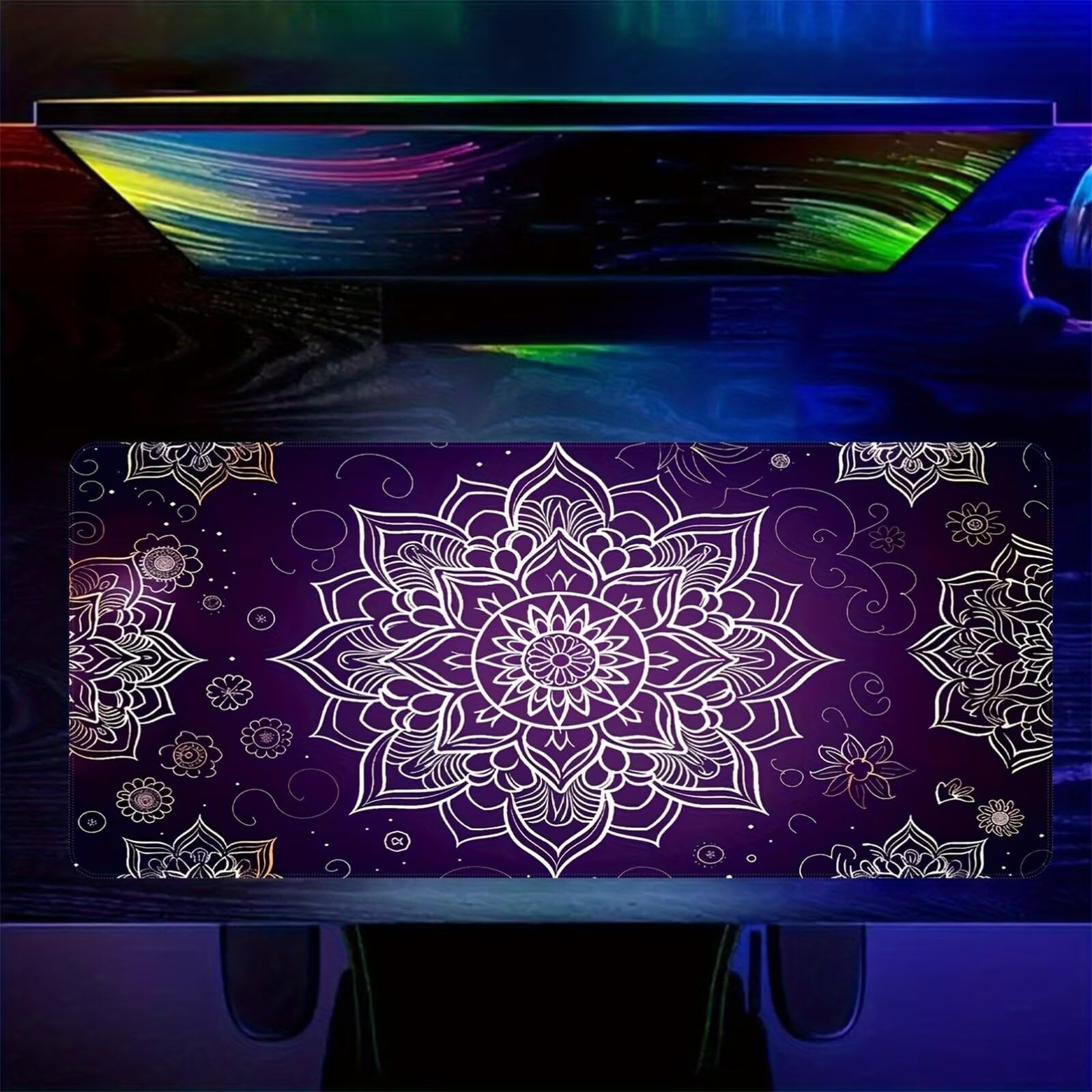 Grand Tapis de Souris de Jeu 1000x500x2 mm Mouse Pad Gaming Mandala Violet Tapis de Bureau Antidérapant avec Bords Cousus pour Bureau, Études, Gamer