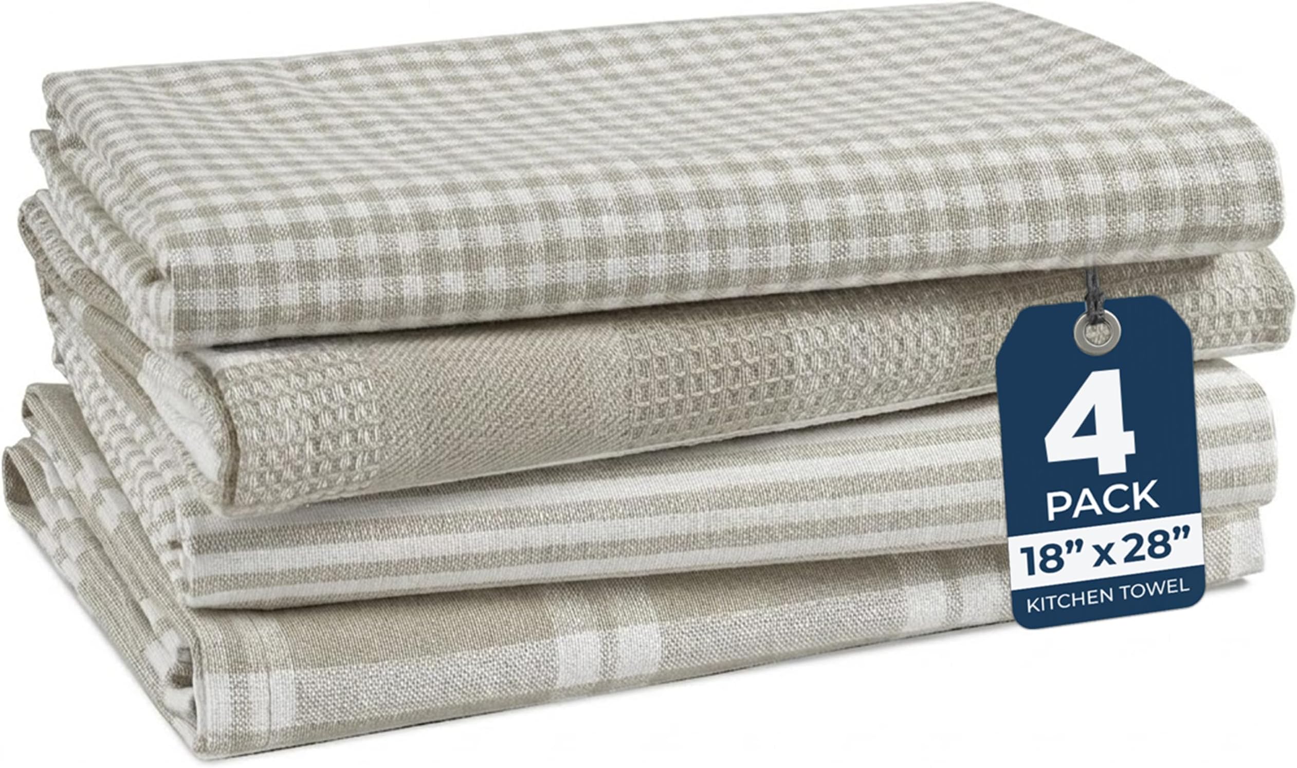 LANE LINEN Kitchen Tea Towel Set – 4 Pack (18” x 28”) 100% Cotton Dish Towel, Absorbent & Quick Drying Kitchen Cloth with Hanging Loop - Grey