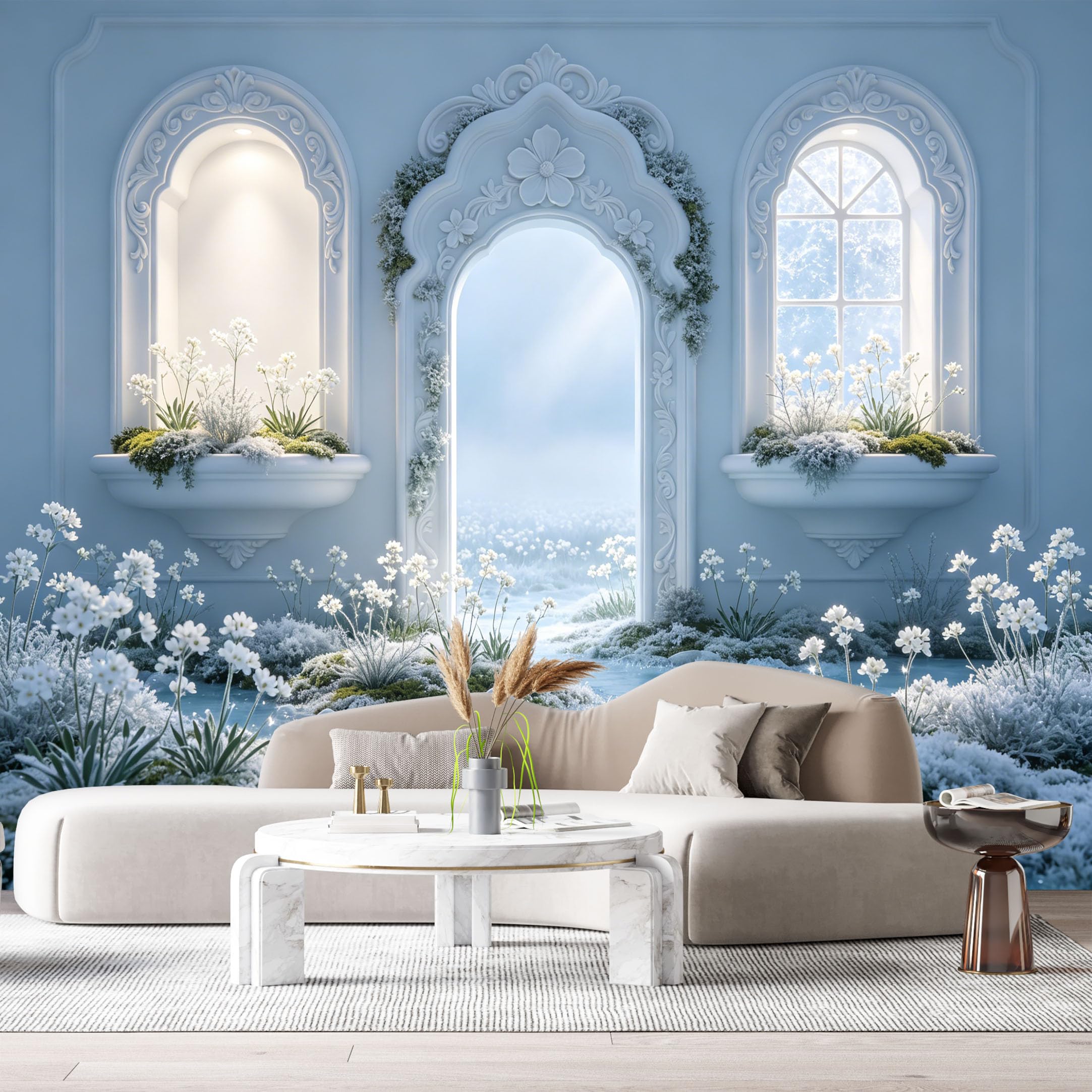 Custom Size Wall Murals Winter Wonderland Archway Frosty Stream 3D Trompe L'Oeil SelfAdhesiveWall Fabric Removable Wallpaper Wall Decor for Living Room Bedroom Bathroom