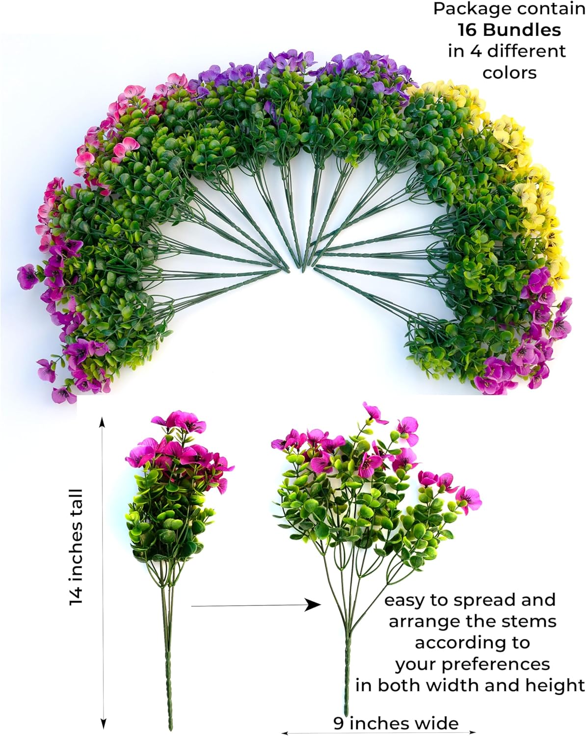 AXYLEX Artificial Flowers Outdoor Fake Plants - 16 Bundles UV Resistant No Fade Faux Shrubs Plastic Greenery Home Garden Porch Patio Decoration (1, Multi02-16pcs)