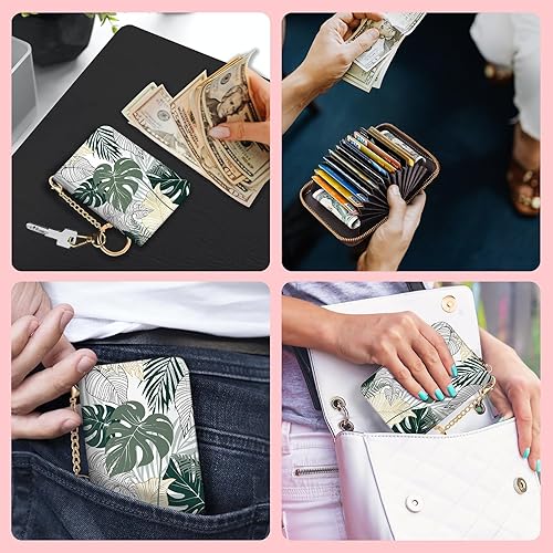 Vista 3 de Blusabaca Tarjetero para mujer, diseño abstracto de hojas tropicales, cartera RFID pequeña con cremallera, llavero de tarjeta, funda de piel