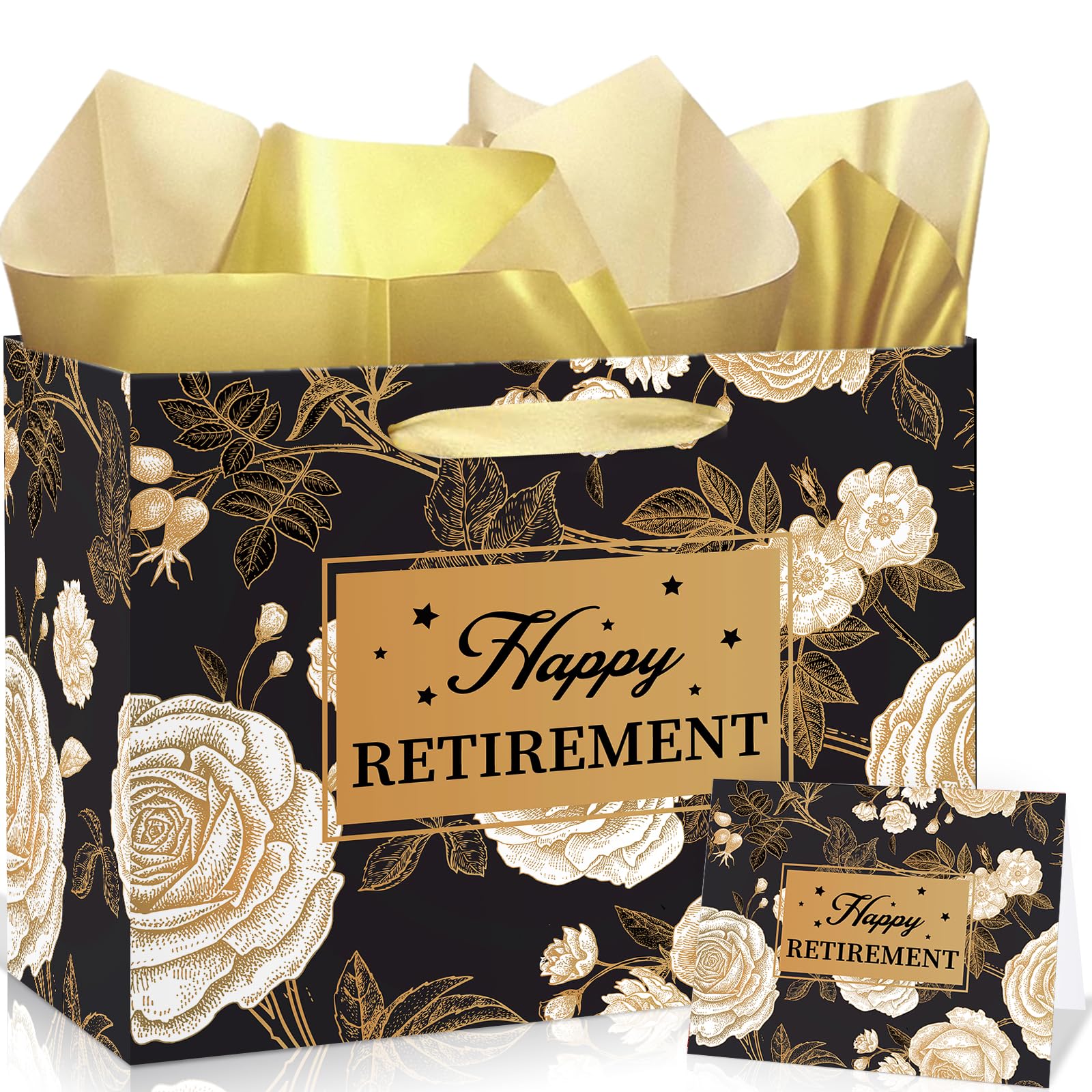 Retirement Gift Bag with Tissue Paper and Greeting Card Retirement Gifts Wrapping Paper Bag Retired Gifts for Women Black Gold Flower Happy Retired Party Bag Farewell Party Supplies Decorations