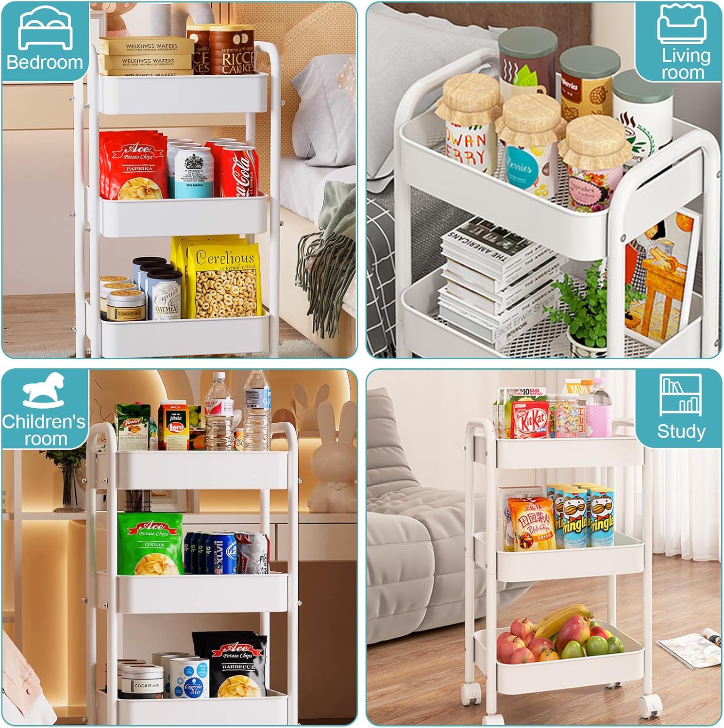3 Tier Metal Rolling Cart, Heavy Duty Utility Storage Organizer with Lockable Wheels, Mobile Utility Cart for Livingroom, Bathroom, Kitchen, & Narrow Places, White