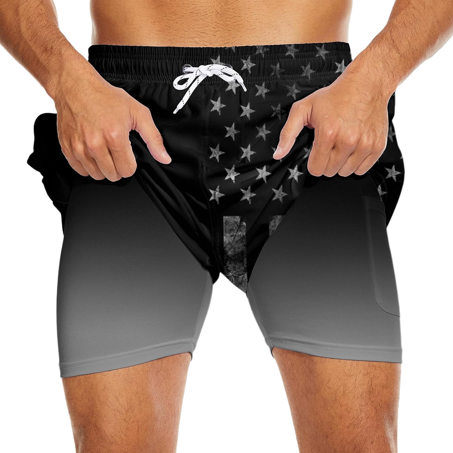 Mens Swim Trunks with Liner Breathable Compression Swim Shorts with 3 Pockets Flag Bathing Suit for Beach - Image 2