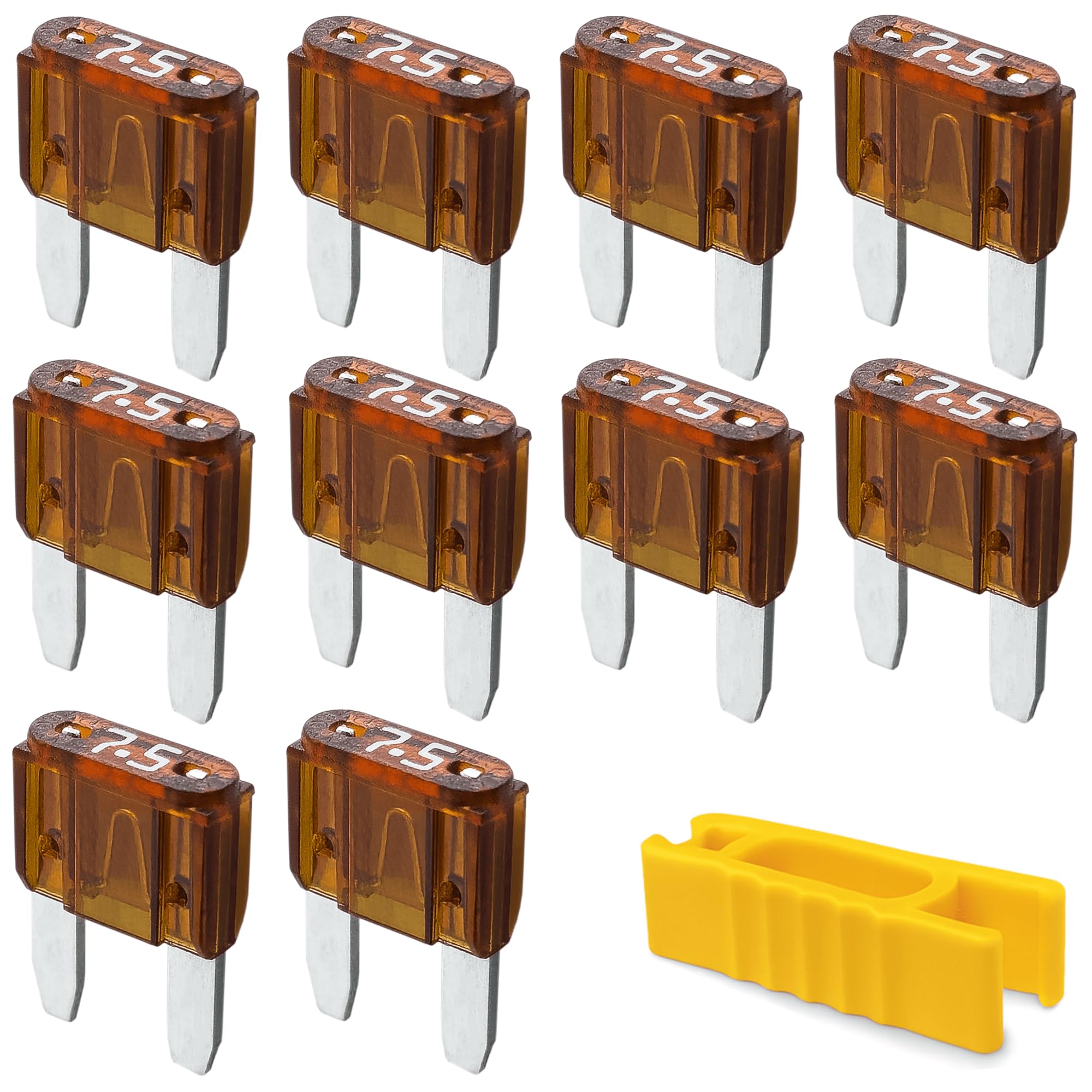 7,5A KFZ Sicherungen Mini | 12V 24V 32V | 10 Stück | Stecksicherungen für Stromdieb & Sicherungshalter | 11mm Flachsicherungen für Auto, Boot, Motorrad, Wohnmobil, Roller | Ersatzsicherungen