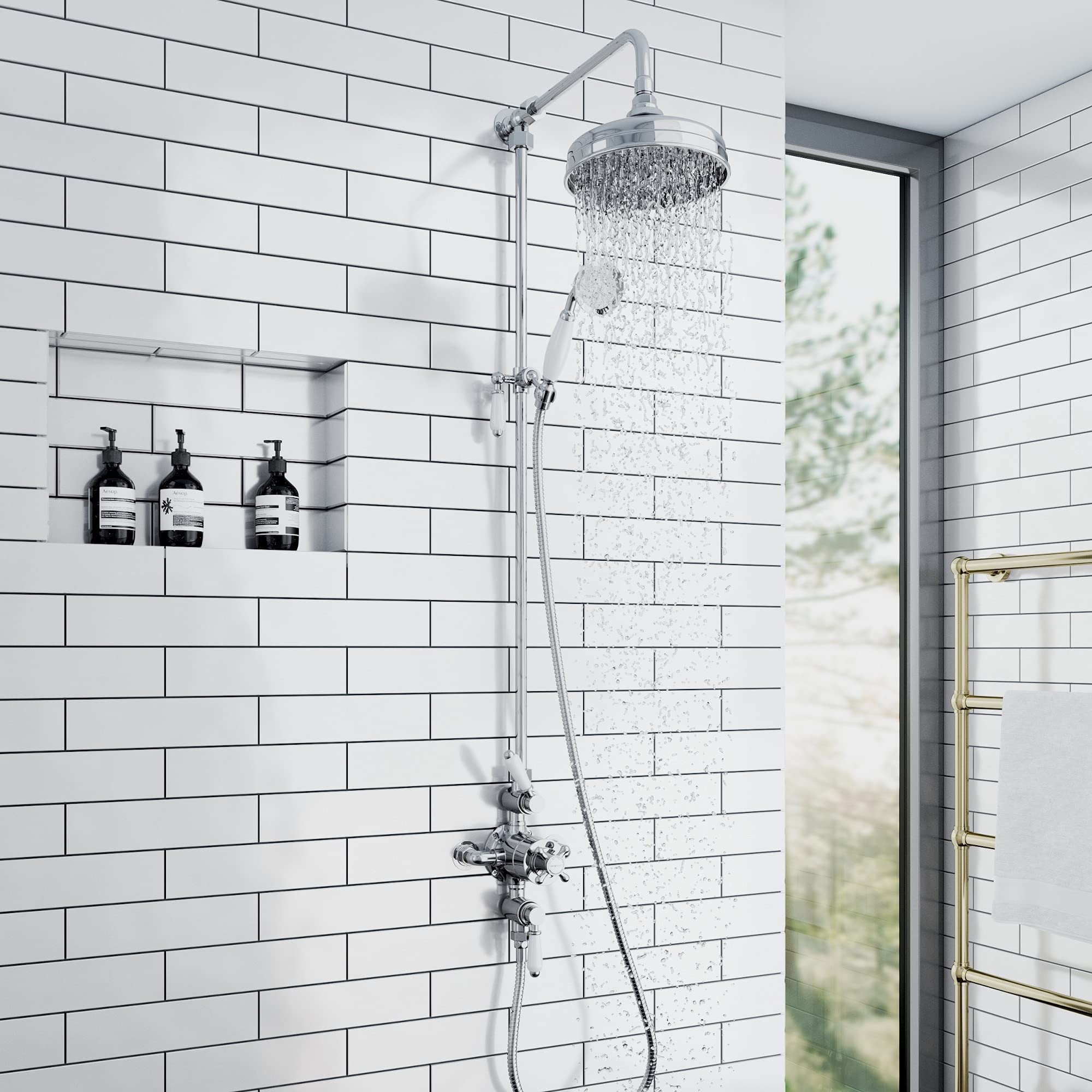 ENKI Downton SH0530 Shower Set with 2 Shower Head Outlets & Cradle, Triple Thermostatic Valve, Chrome Tap Attachment