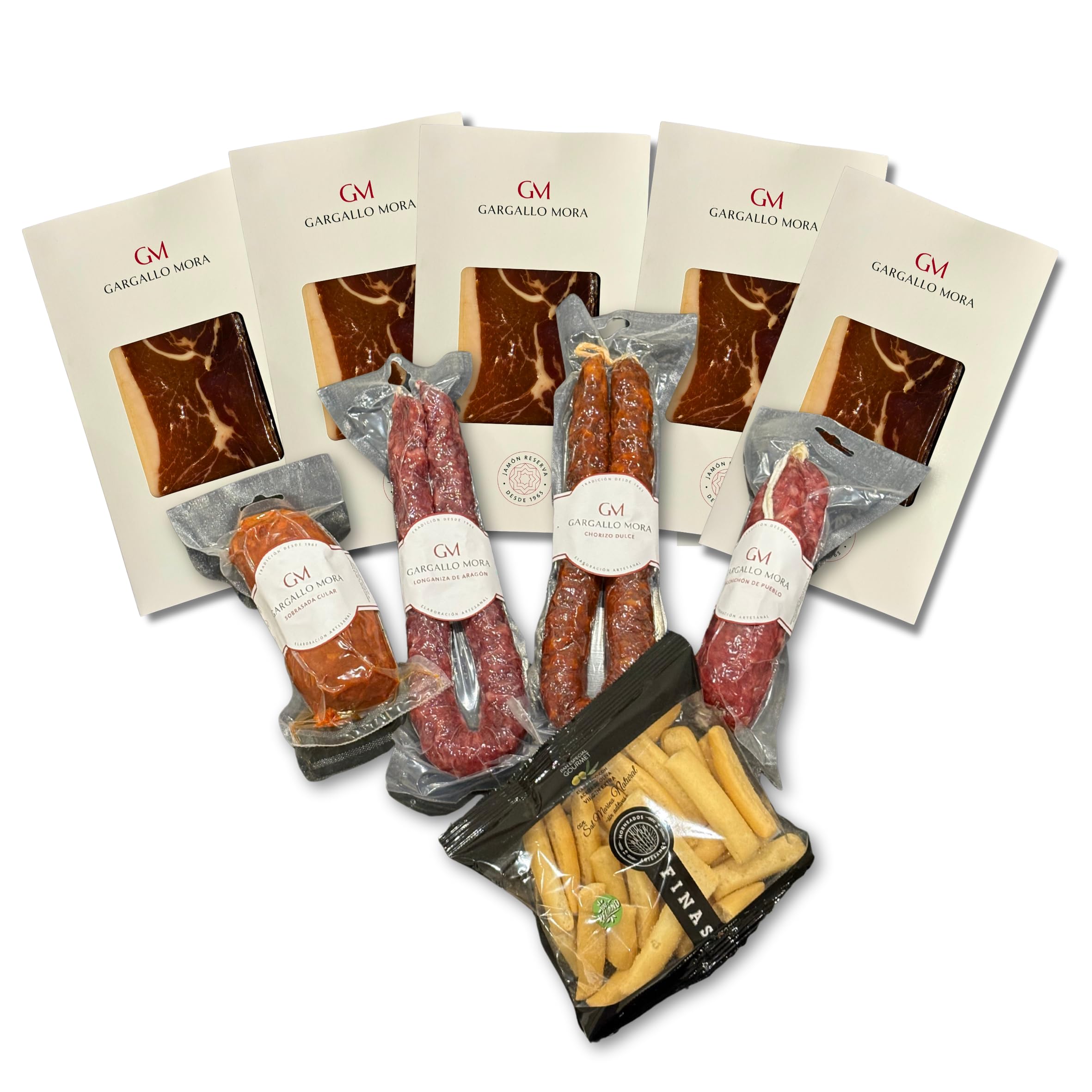 Jamón reserva loncheado 5 x 150 g + embutidos - longaniza de Aragón - chorizo artesano dulce - salchichón de pueblo - sobrasada cular y picos de pan - Lote de productos artesanos ideal para regalar