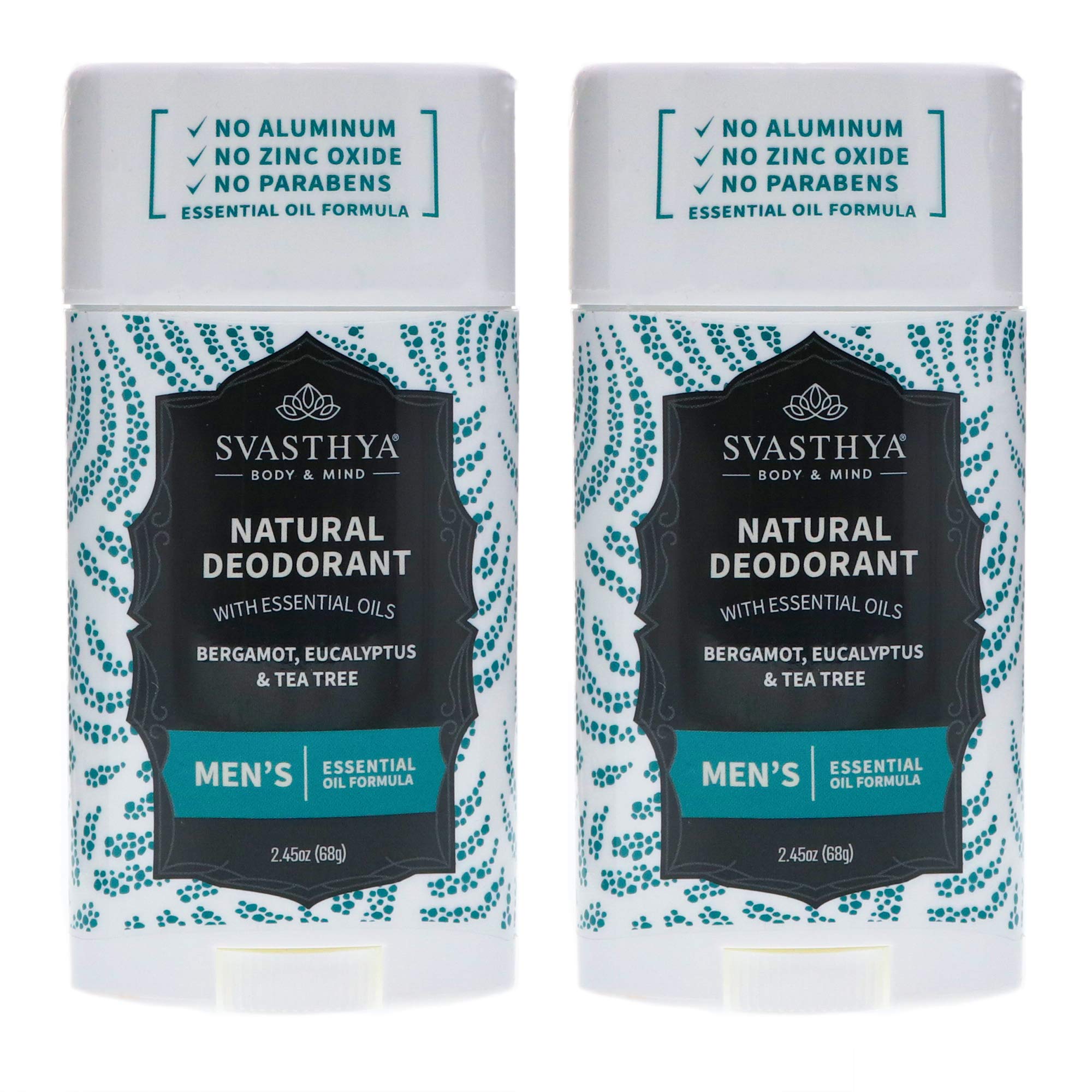 SVASTHYA BODY & MIND Natural Deodorant with Essential Oils - Men - Gentle Skin Nourishing with Refreshing Scent of Bergamot, Eucalyptus, Tea Tree & Coconut Oil - Made In The USA, 2.45oz- 2 Pk