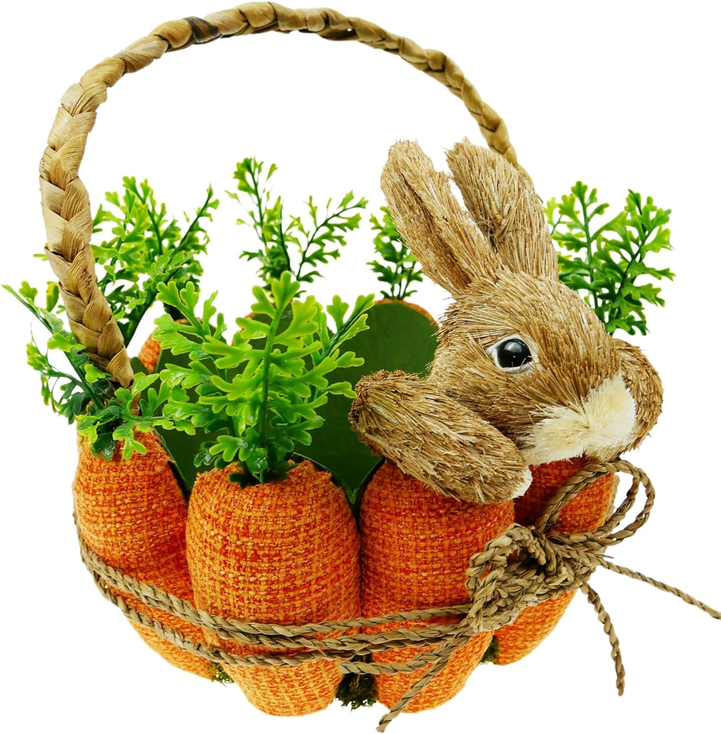 11" H*8" Dia Easter Straw Bunny Basket with Carrot Ornaments Easter Egg Hunting Basket Rabbit Handicrafts Basket for Kids Spring Party Supplies Garden Decoration