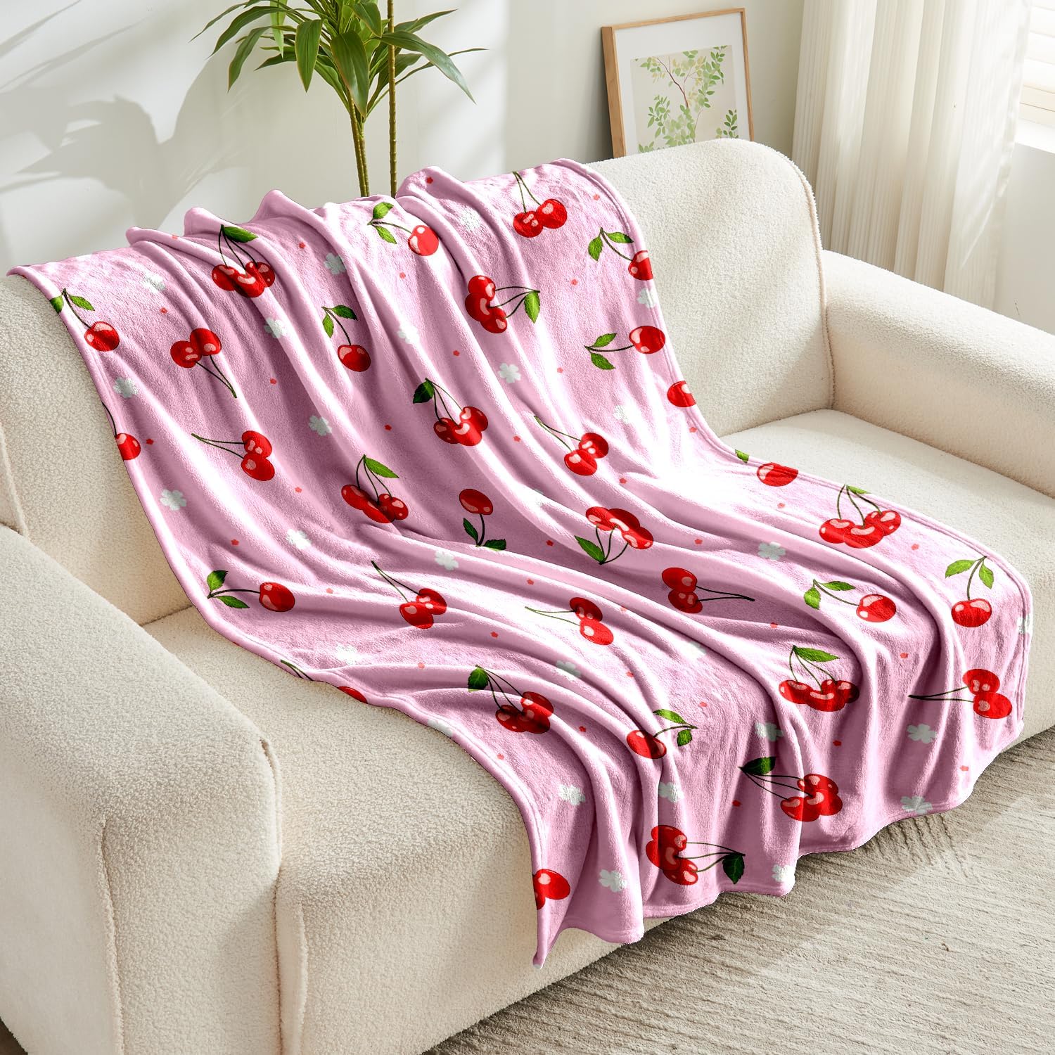 Girls Cherry Blanket for Kids Gift Pink Throw Blanket 3 4 5 6 7 8 9 10 11 12 Years Old Cute Cherry Fruit Pattern Throw Blankets Soft Fleece Blanket Room Chair Decor 50 "X 60" - Image 6