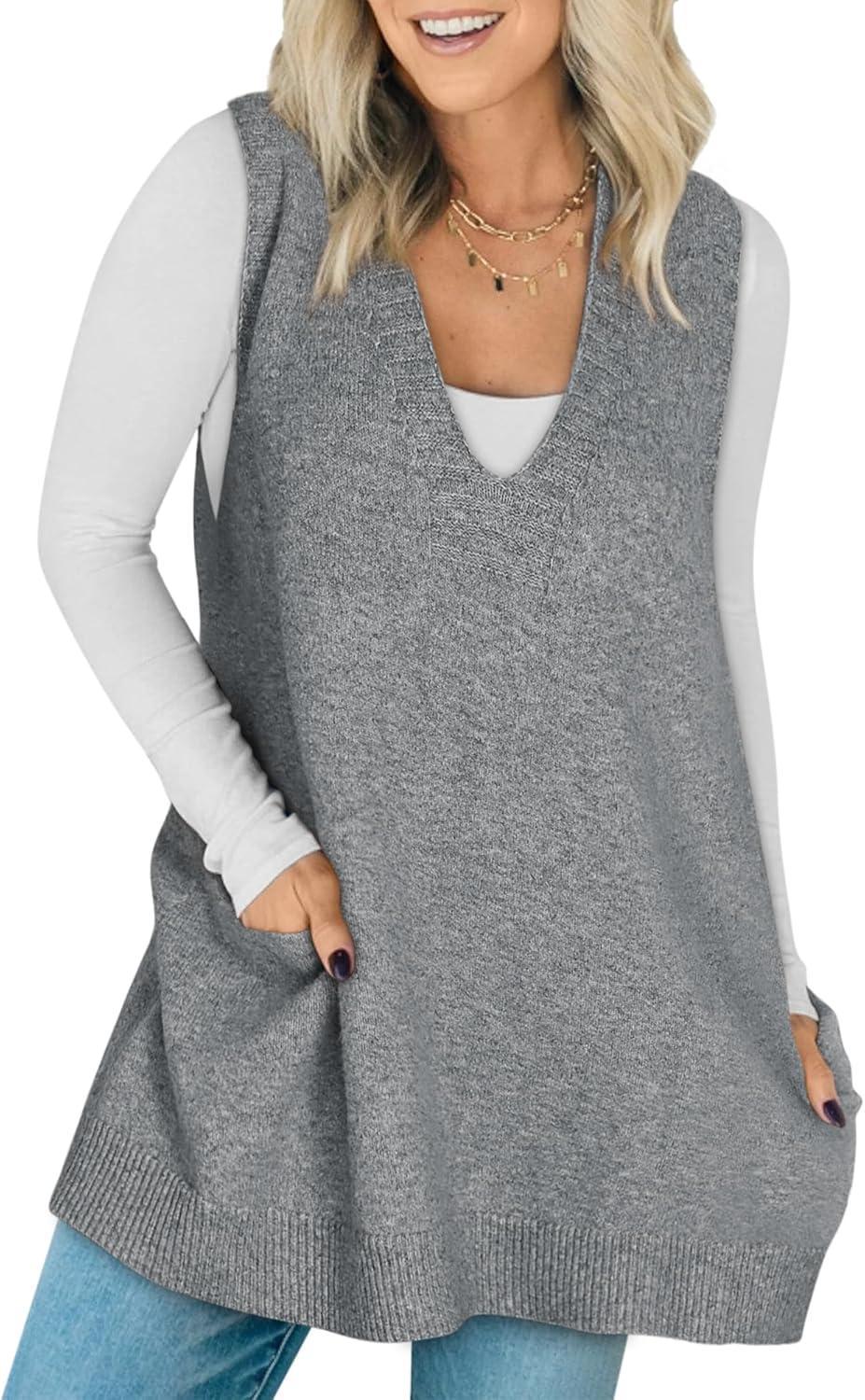 Sweater Vest Women Sleeveless V Neck Oversized Knit Tops Tunic Dress with Pockets Fashion 2026 Spring Clothes - Image 2