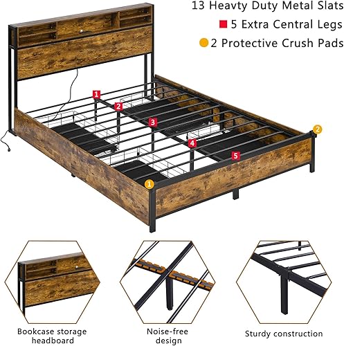 Miniatura 7 de Alohappy Marco de cama Queen con 4 cajones de almacenamiento y cabecera de estantería marco de cama LED con salidas y puertos USB plataforma de