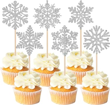 24 Pack Snowflake Cupcake Toppers Glitter Winter Snowflake Cupcake Picks Winter Frozen Cake Decorations Snowflake Christmas Baby Shower Kids Birthday Party Supplies Silver