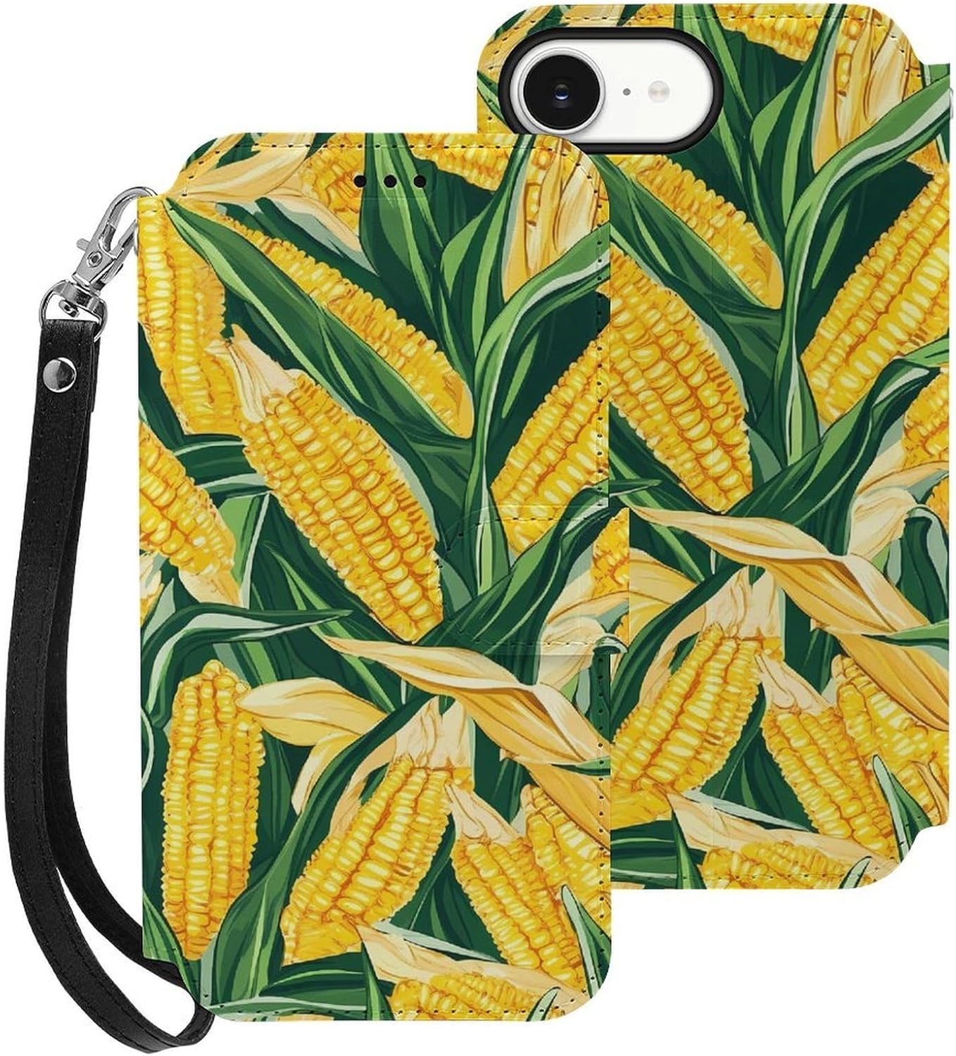 Yellow Corn Green Leaves Compatible with iPhone 16/16 Plus/16 Pro/16 Pro Max/16 E Case Phone Wallet Card Holder Flip Cover with Wrist Strap