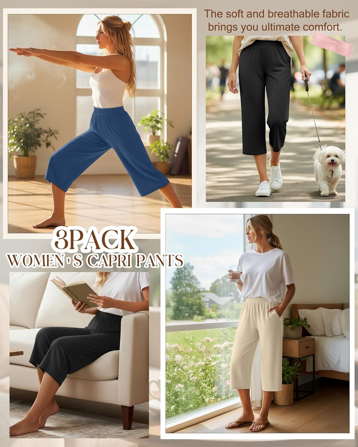 Huukeay 3 Pack Women's Capri Sweatpants, Cozy Wide Legs Cropped Capri with Pockets, Lounge Jogger Pants Workout Yoga Solid - Image 2