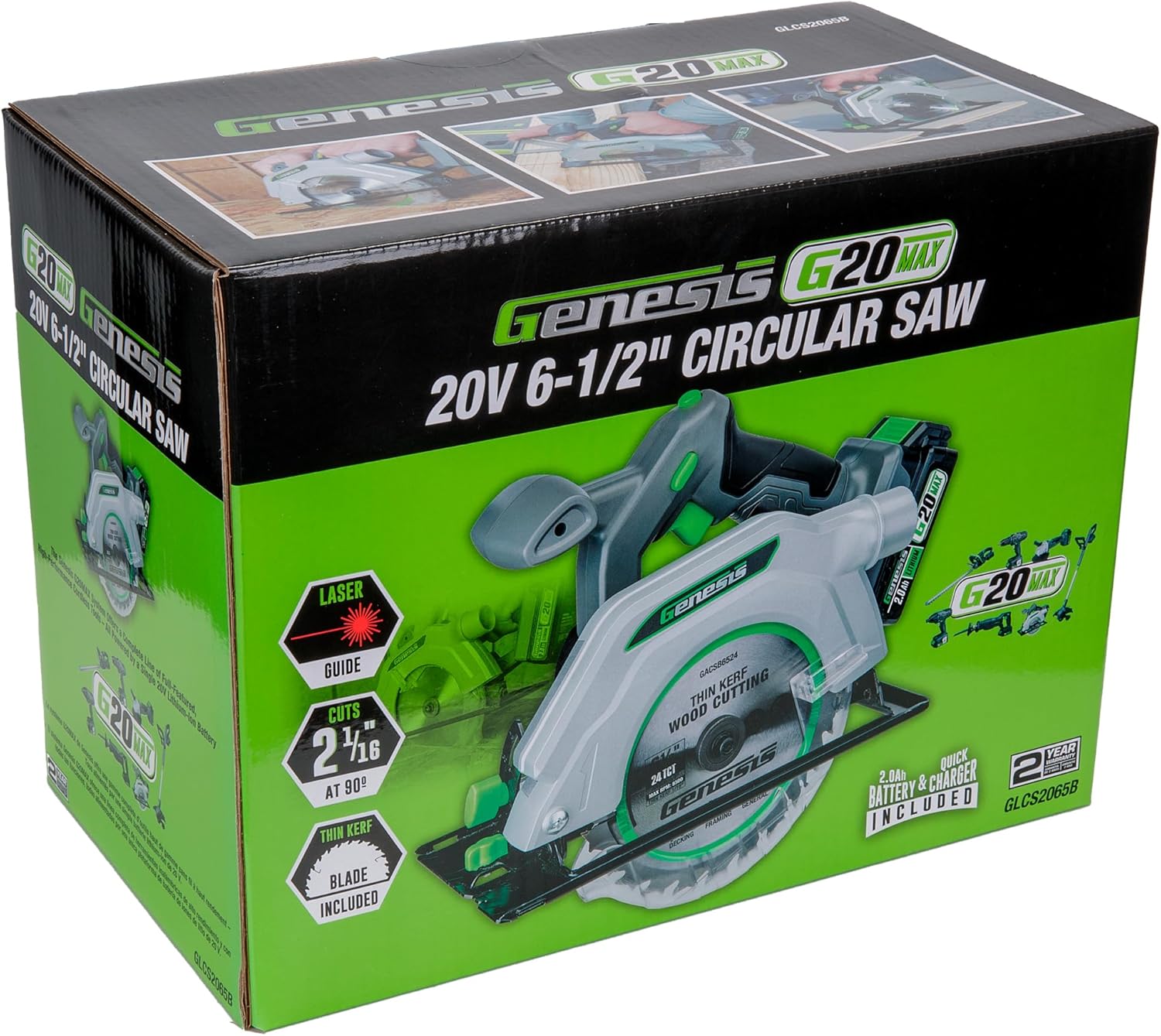 Genesis G20MAX 20V Circular Saw Cordless 6-1/2 inch with Laser & LED Light, Includes 24TCT thin-kerf blade, 2.0Ah Battery and Charger(GLCS2065B)
