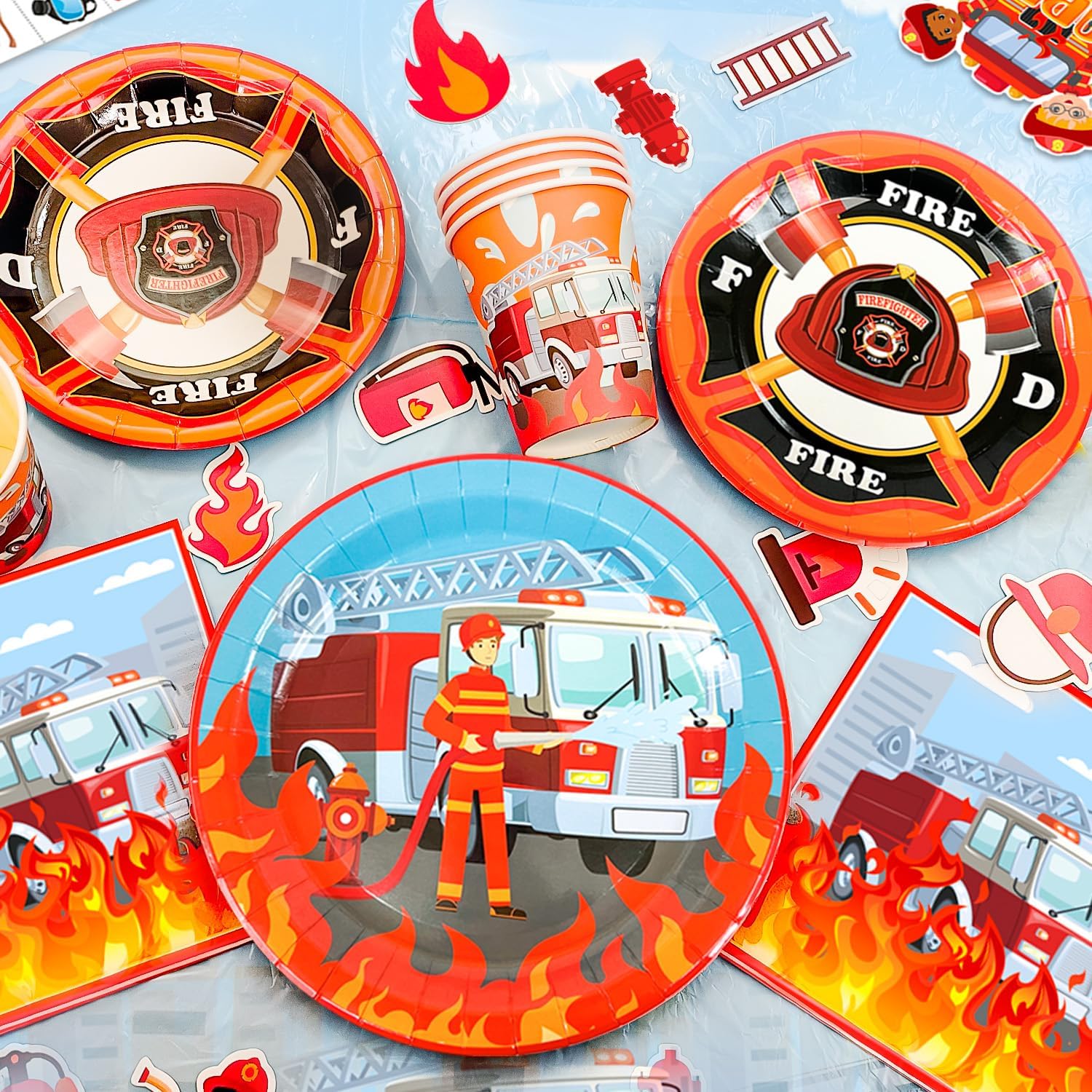 Fire Truck Birthday Party Supplies,16 Guests Fire Truck Party Tableware, Firetruck Decorations Balloons Plates Napkins Tablecloth etc Fireman Birthday Party Decorations