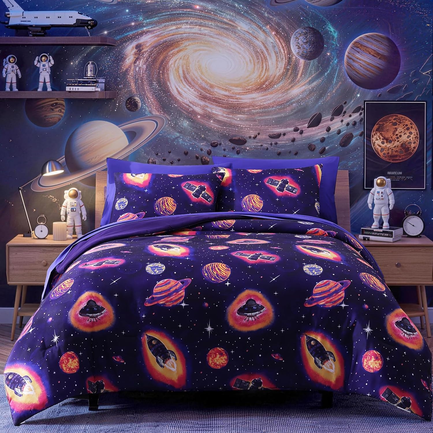 Twin Kids Comforter Set - 5 Pieces Twin Bedding Sets for Boys Teen, Outer Space Rocket Bed in A Bag with Sheets