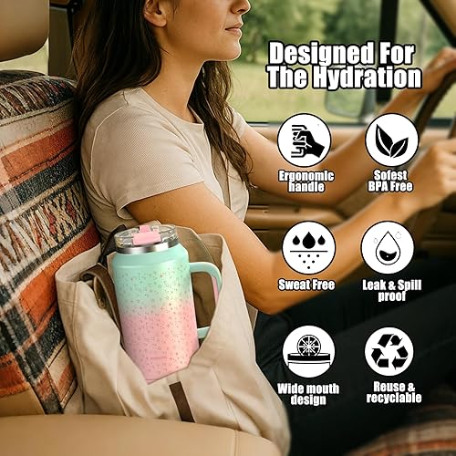 Miniatura 8 de Hydraful Vaso de 64 onzas con asa y pajilla, 100% a prueba de fugas, vaso aislado reutilizable, botella de agua grande de acero inoxidable, taza de