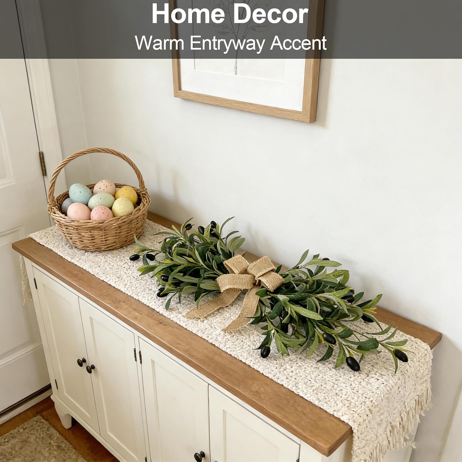 2 Pack 24" Artificial Olive Swag, Full Greenery Swag with Easy-Hang Burlap Bow, Flexible Realistic Olive Branch Wreath for Front Door, Wedding Arch, Wall, Farmhouse Home Decor