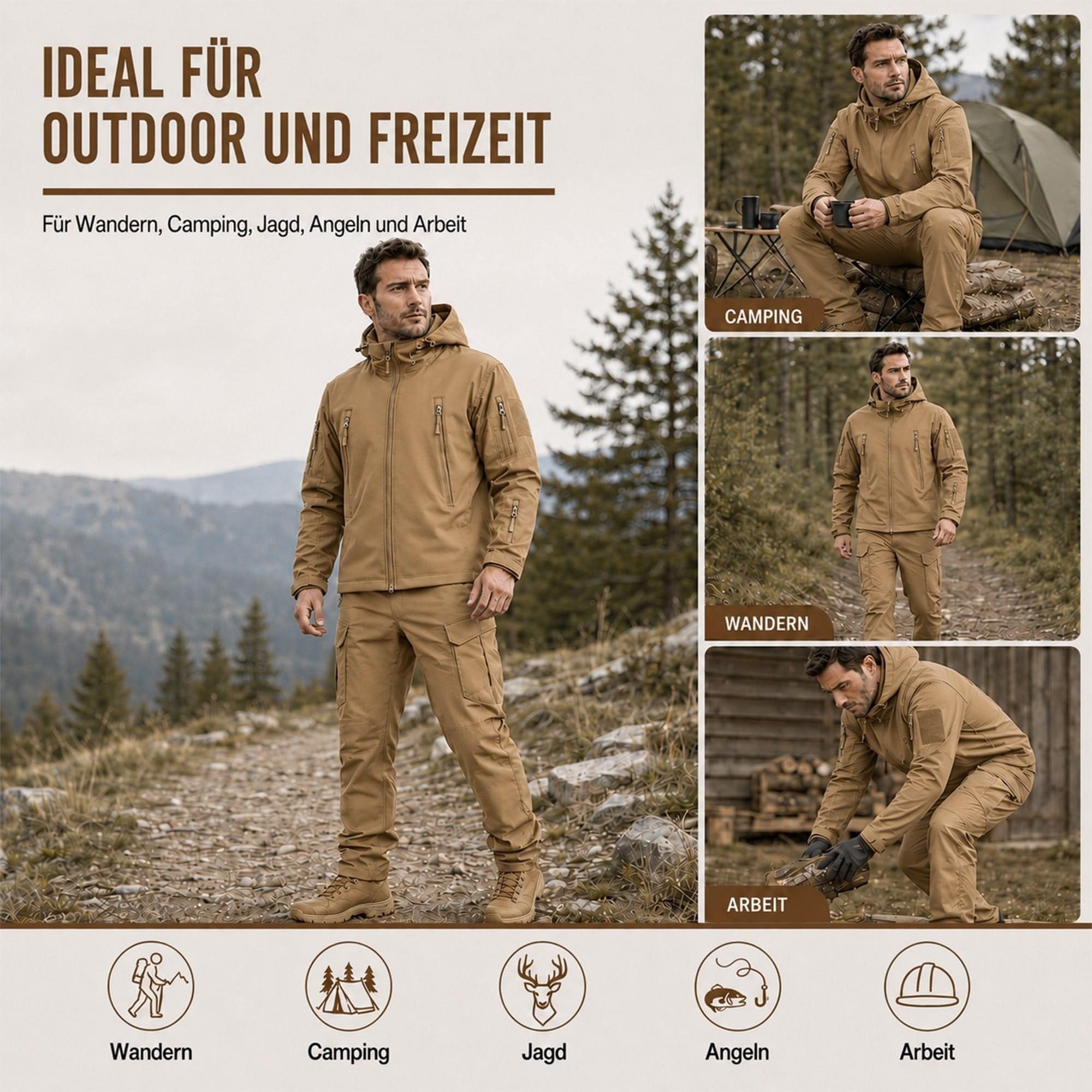 Taktischer Anzug Herren Set Jacke+Hose, Wasserabweisend, für Jagd Airsoft | robuste Qualität, winddicht, 16 Taschen (6+10), wasserabweisend 5000MM, für Militär Training Paintball Camping Angeln