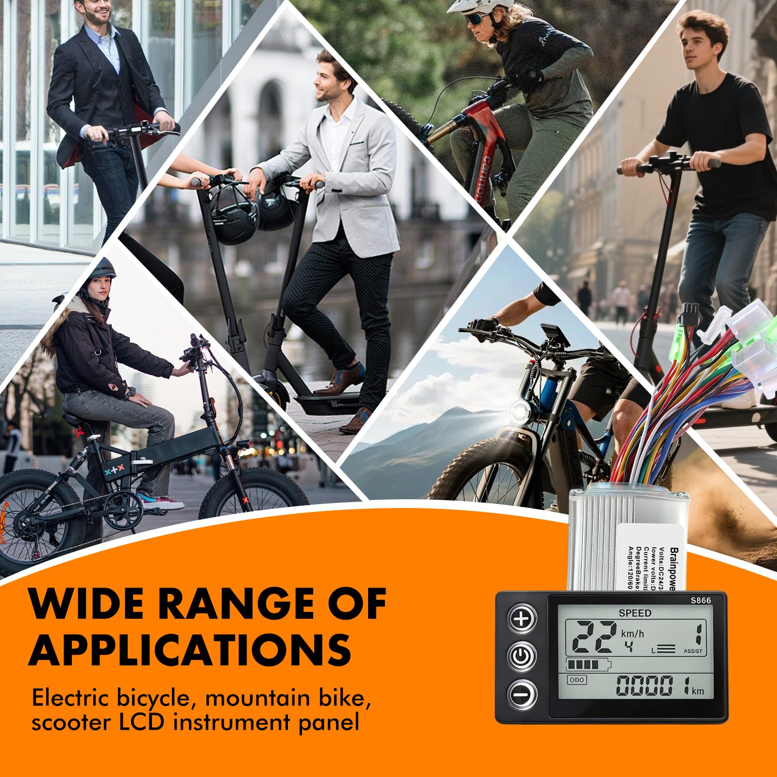 Motore elettrico senza brushless, controller motore senza spazzole con display LCD per e-bike, mountain bike e scooter, indicatore di livello di carica e velocità 866, 24 V/36 V 350 W