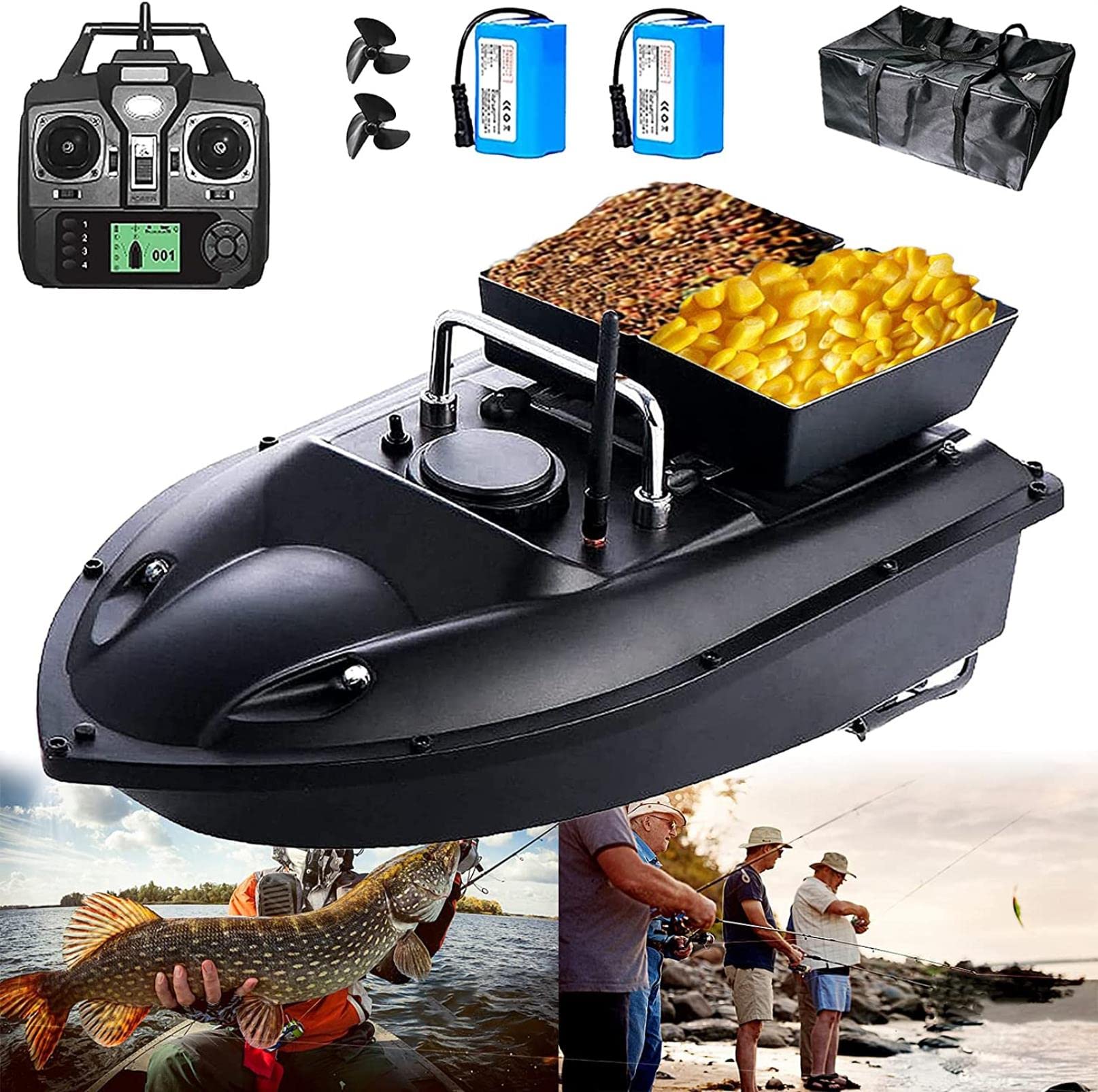 Barco Cebador Carpfishing Inteligente, 500M Barco de Cebo Teledirigidos con Posicionamiento GPS - 2 Almacén, Motor Doble, Batería 5200 / 12000mAh Opcional