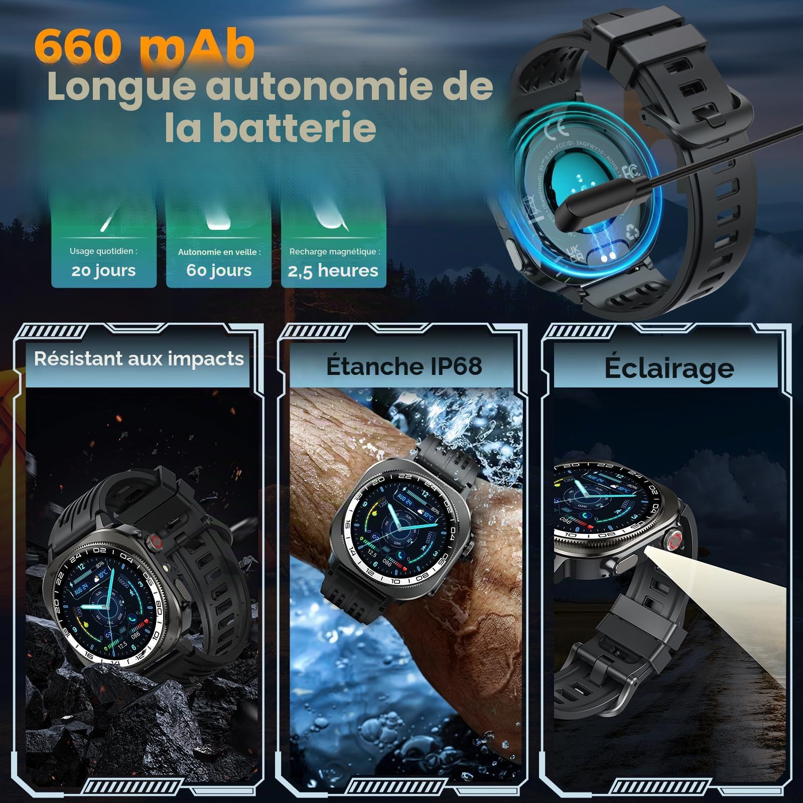 Smartwatch Homme Femme 1.43" Écran AMOLED HD 660mAh Appel Bluetooth LED Lampe 24/7 Sommeil Cardio SpO2 Podomètre 130+ Modes Sportifs IP68 Étanche pour Android iOS