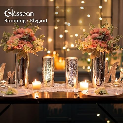 Miniatura 2 de Glasseam Juego de 2 portavelas plateado de huracán, portavelas cilíndricos de vidrio para velas de pilar, portavelas moderno de mercurio, jarrones
