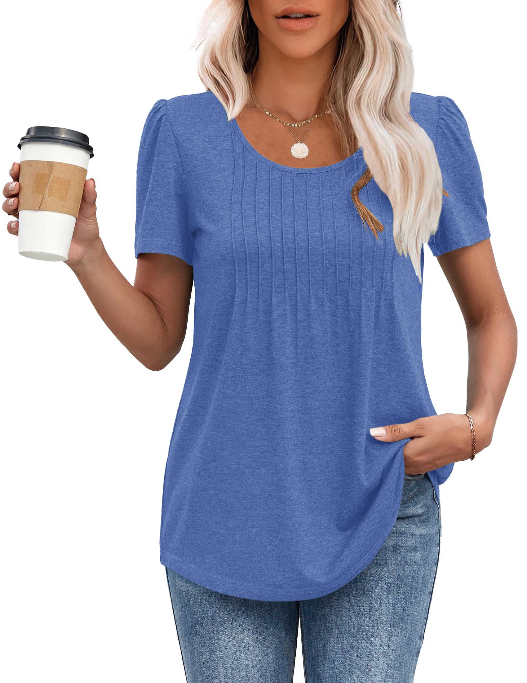 MOLERANI T Shirts for Women UK Round Neck Loose Casual Puff Short Sleeve Summer Tee Tops Front Pleated T Shirt