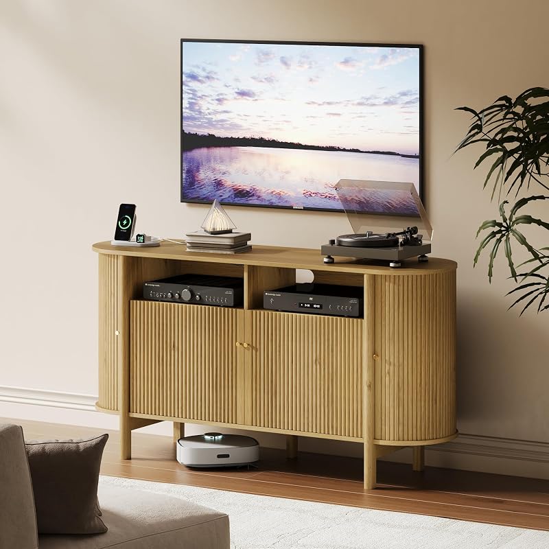 55 Inch TV Stand with Power Outlets, Mid Century Entertainment Center image 6
