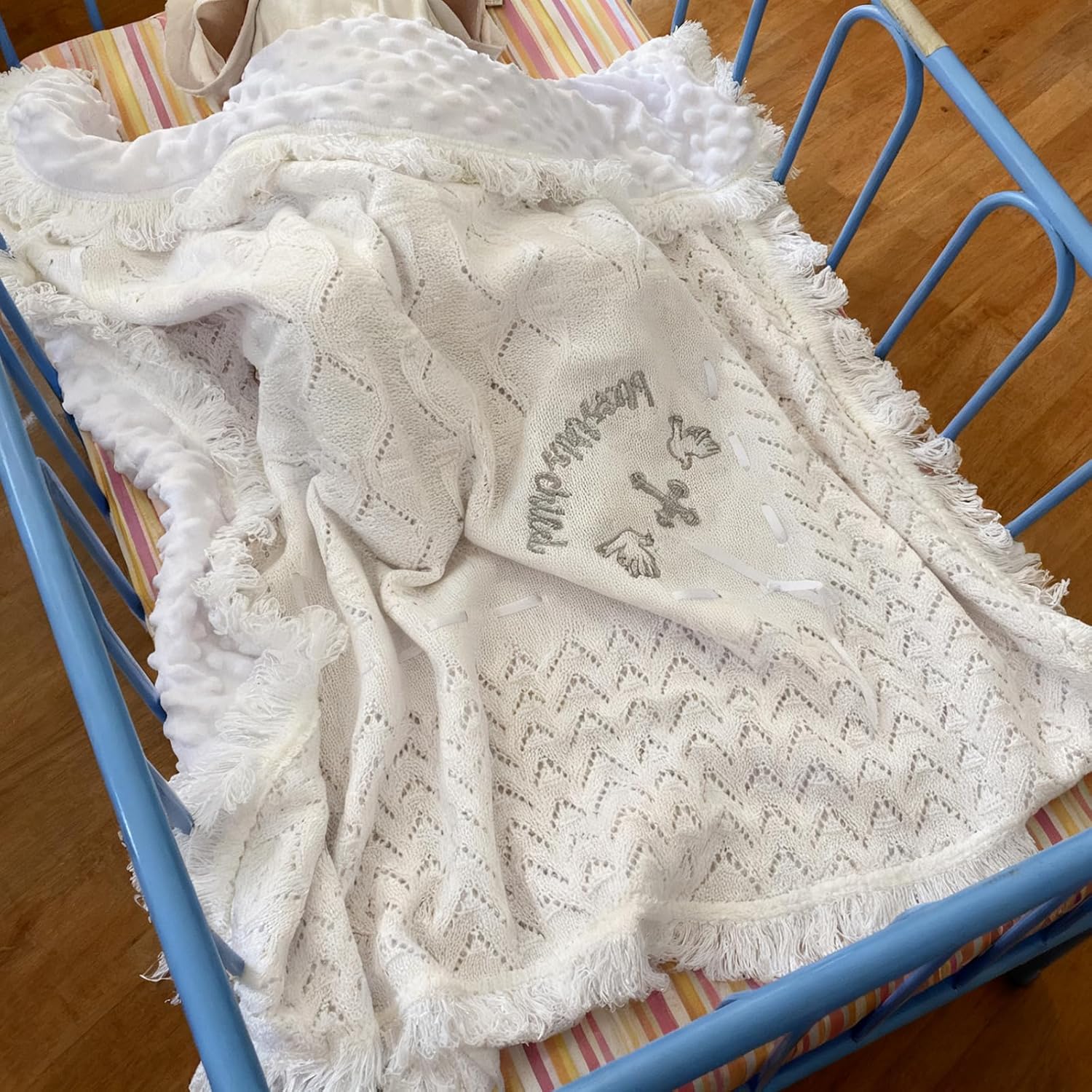 Baptism Gifts for Boys Girls Easter Baby Shower White Crochet Christian Baby Blanket Soft Minky Dot Christening Towel