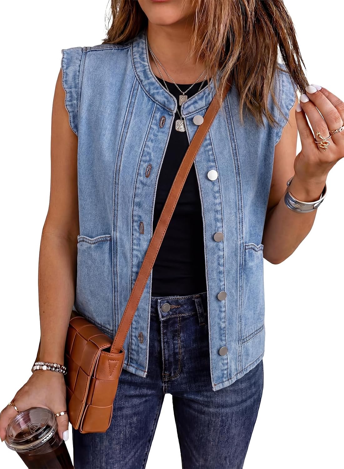 EVALESS Womens Denim Vest Sleeveless Button Down Jean Vest Tops Waistcoats Summer Western Outfits
