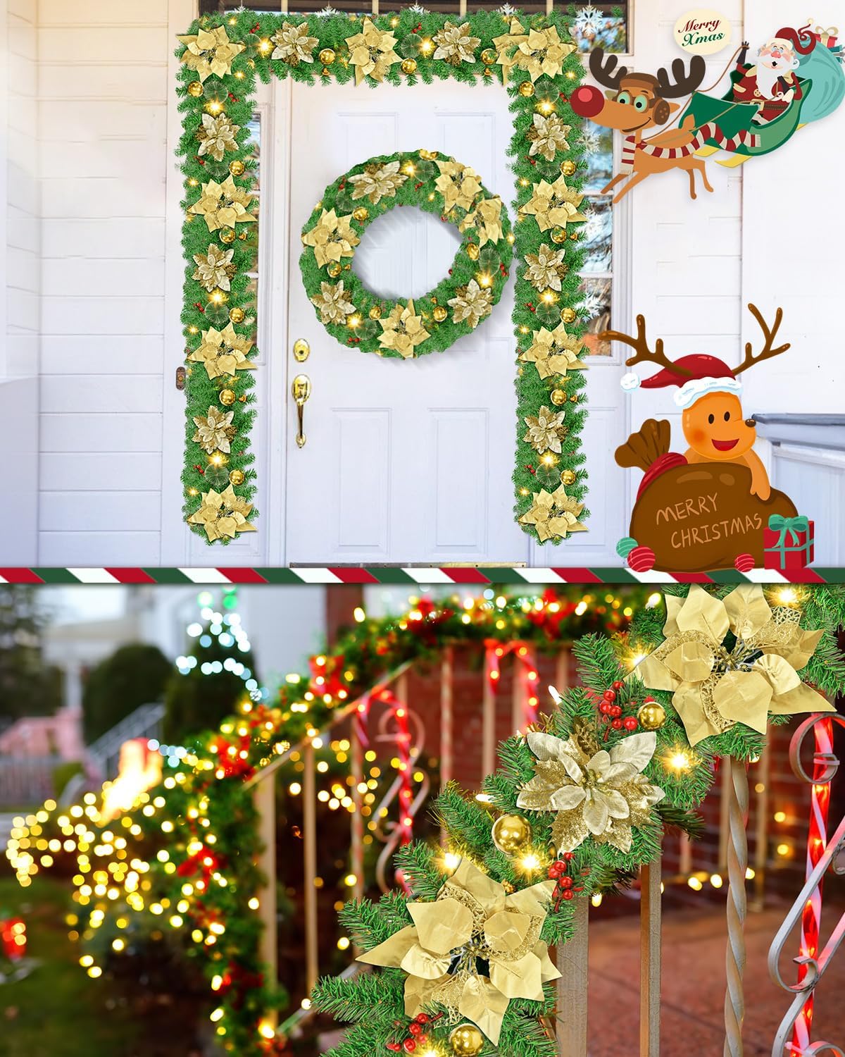 Christmas Garland, 9FT/2.7M Xmas Garland with Lights for Front Door, Christmas Tree Decorations, Mantle, Home, Stairs, Fireplace, Porch, Holiday Indoor Outdoor Decor (Gold) - Image 5