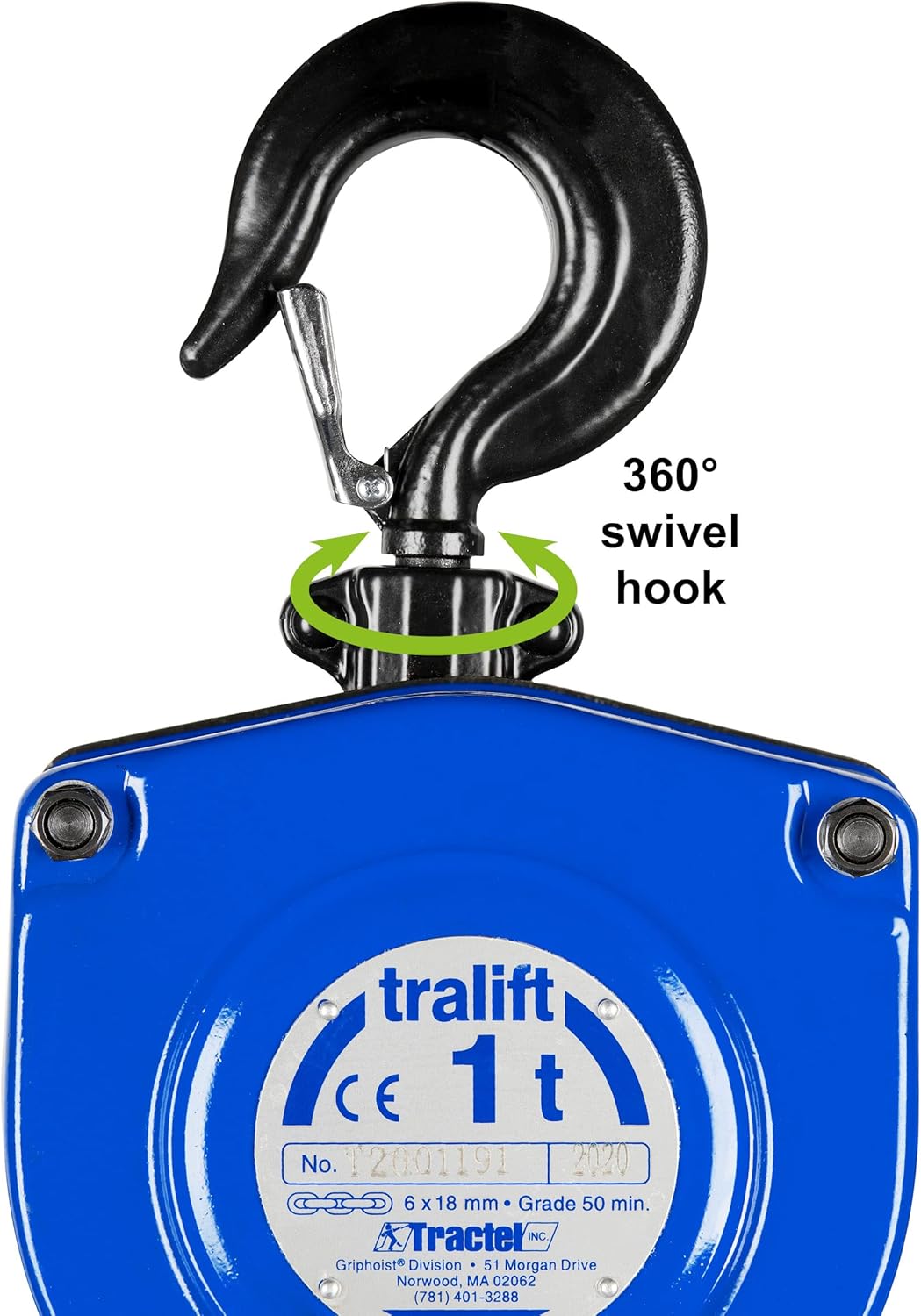 Tractel Manual Chain Hoist | 1 Ton - 2000 lbs Capacity | 20 ft Steel Chain | Industrial-Grade Steel for Construction, Workshops, Garages | Tralift 19721