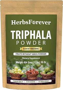 Herbsforever Triphala Churna Powder التركيبة الأيورفيدا التقليدية تدعم إزالة السموم والتجديد غير المعدلة وراثيًا ، نباتي 454 GMS