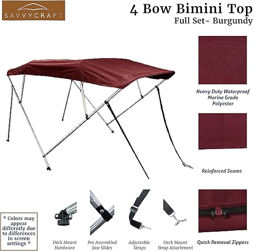 Miniatura 2 de SavvyCraft Cubierta superior para barco Bimini de 4 arcos, color borgoña, 4 arcos de 96 pulgadas de largo, 54 pulgadas de alto, 61 a 66 pulgadas de