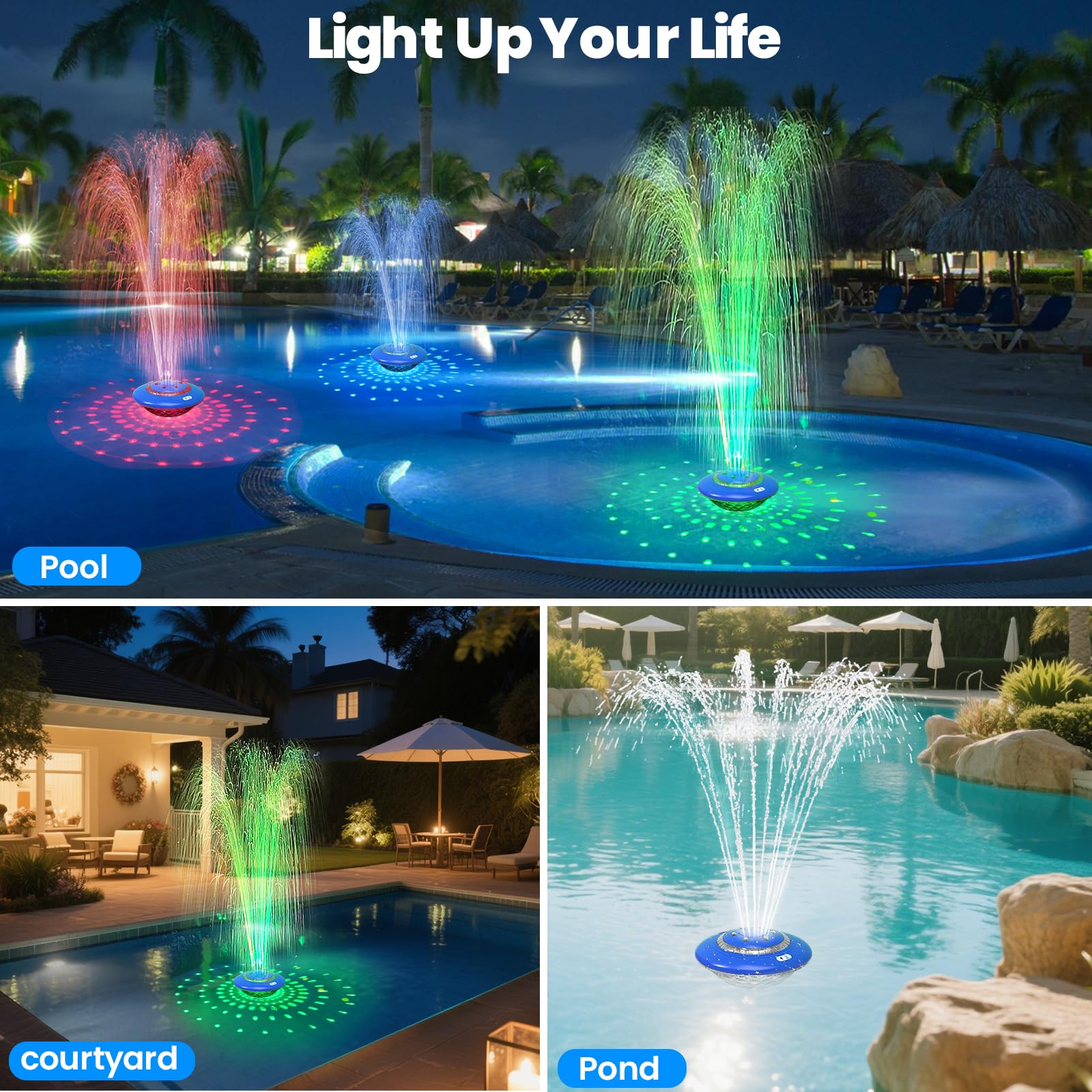 Fontaine de piscine flottante avec spectacle de lumières, 9 modes d'éclairage de piscine et 3 modes de fontaine avec télécommande pour piscine hors sol creusée, fontaines de piscine rechargeables