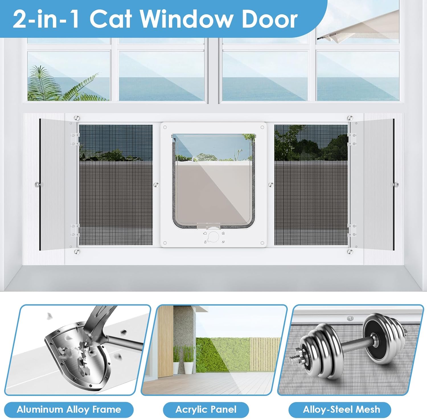 2-in-1 Cat Door for Window with Acrylic Panel, Rainproof & Ventilation Dual Modes, Adjustable Width of 32"-36" for Sliding Windows, Weather Resistant Window Cat Door Insert