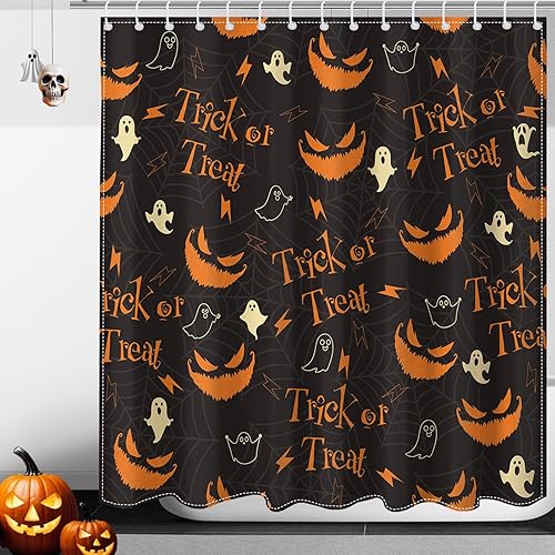 Miniatura 6 de Mocsicka Cortina de ducha de Halloween para baño, divertida cortina de ducha de calabaza con 12 ganchos, cortina de baño de fantasma espeluznante