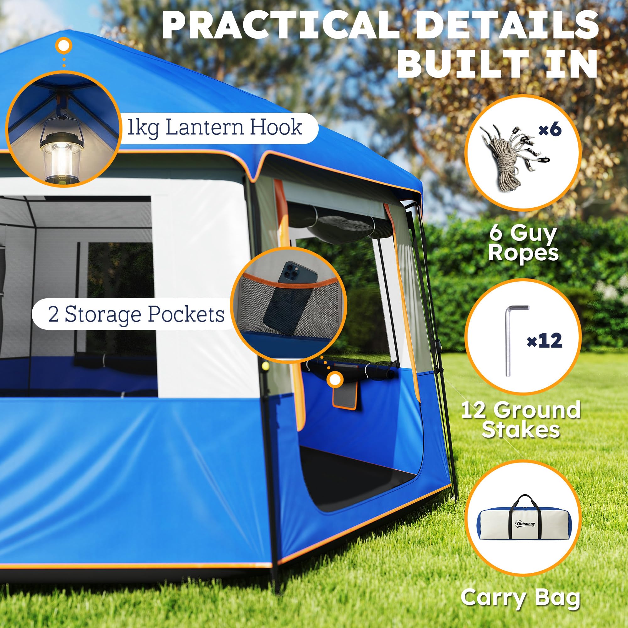 Outsunny Tente de camping pour 4 à 6 personnes, tente tunnel étanche 3000 mm avec couvercle supérieur amovible, protection UV30+ abri familial avec sac de transport